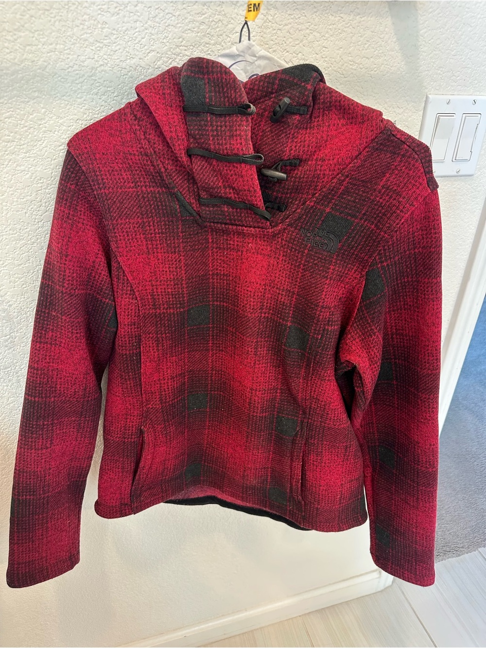 The North Face Red and Black Plaid Hooded Pullover Sweater